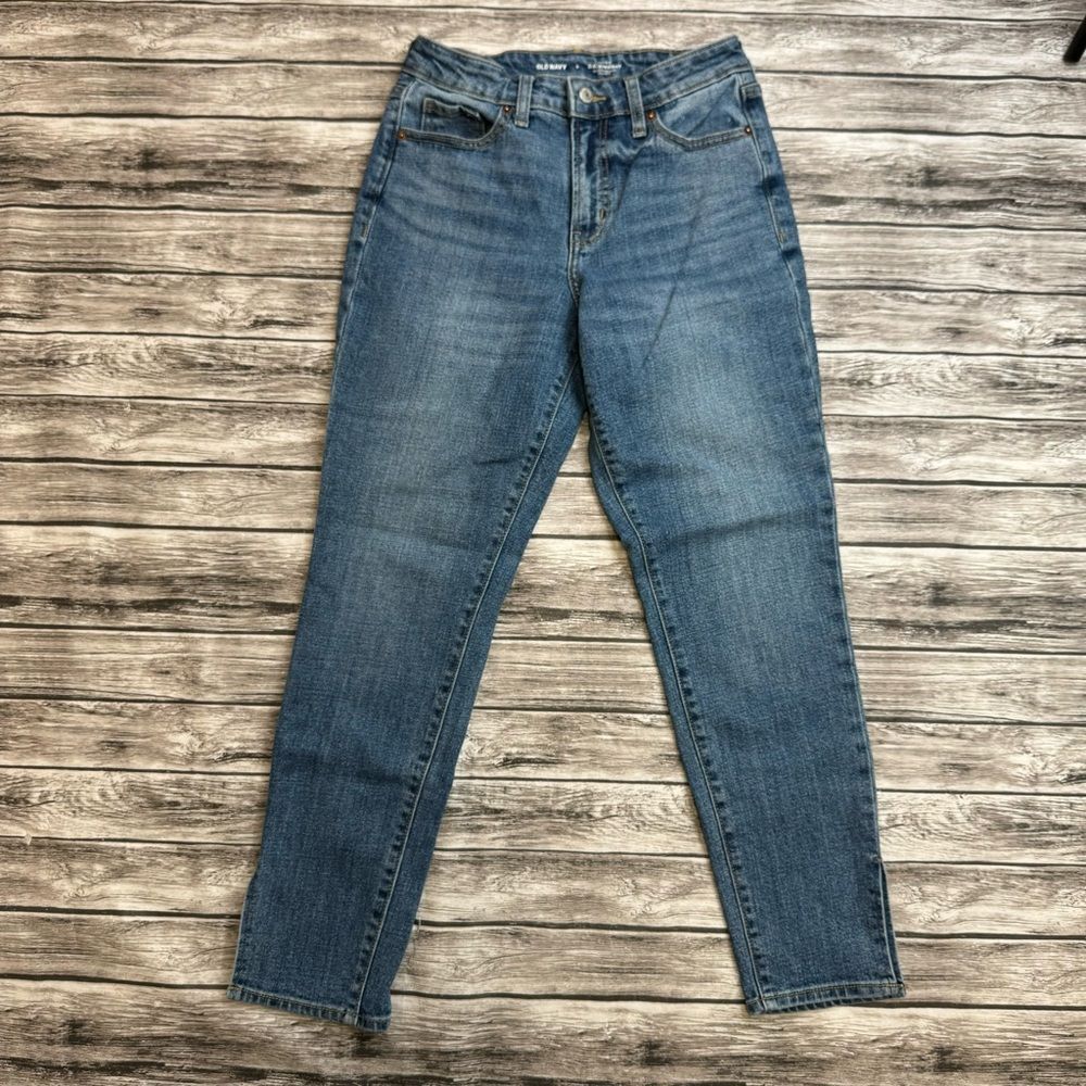 Old Navy Women's High-Rise O.G. Straight Leg Jeans Ankle Slit Blue Denim 2 Zip